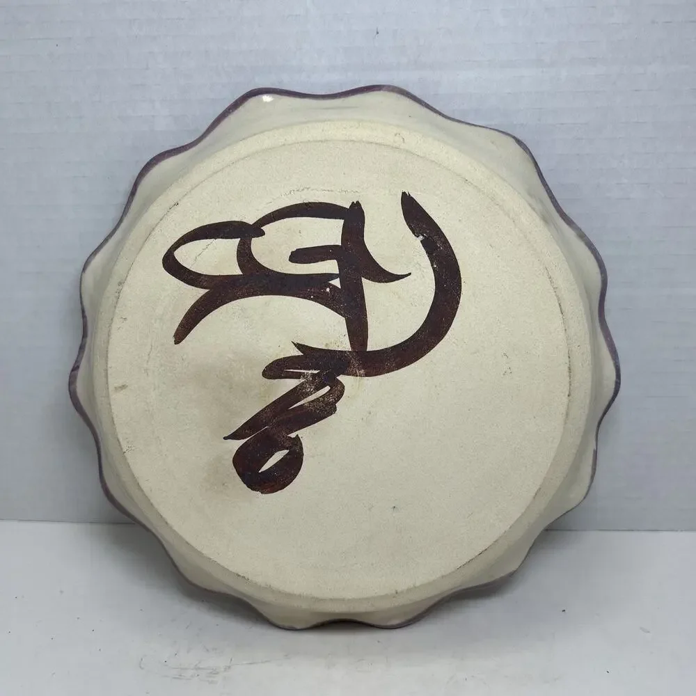Art Pottery Pie Dish Purple Kitty Cat Ruffled Edge Signed Ceramic 10